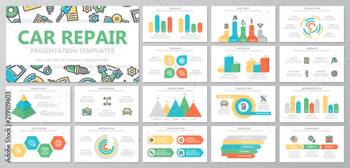 Set of car service and auto repair elements for multipurpose presentation template slides with graphs and charts. Leaflet, corporate report, marketing, advertising, book cover design.