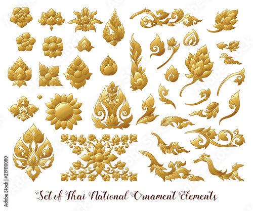 Set of gold elements of traditional Thai ornament. 