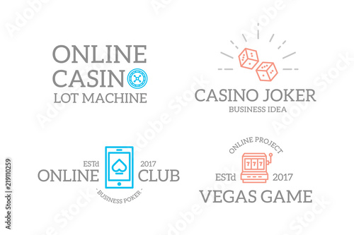 Set of retro vintage jackpot slot machine, dice, roulette, fortune wheel, online casino logo or insignia, emblems, labels and badges and other branding objects. Vector line style