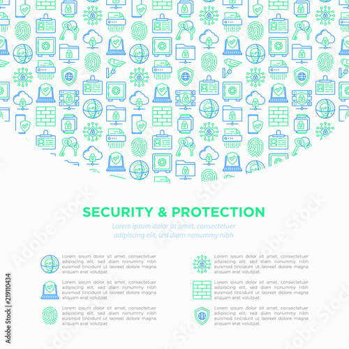 Security and protection concept with thin line icons: mobile security, fingerprint, badge, firewall, face ID, secure folder, keyset, shredder, bank safe, encrypted messaging. Vector illustration.