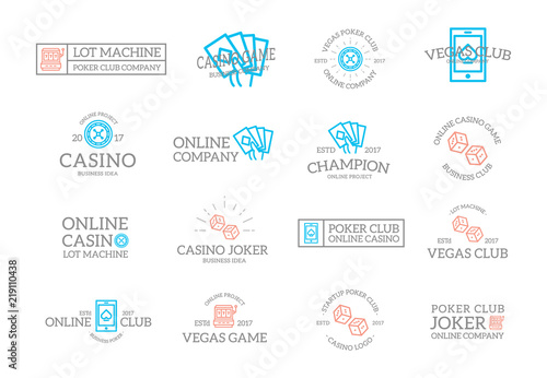 Set of retro vintage gambling and casino logo or insignia, emblems, labels and badges and other branding objects. Vector line style
