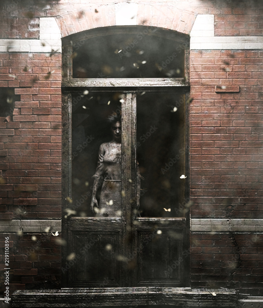 Ghost woman behind the window in ruined building,3d illustration for book  illustration or book cover Stock Illustration | Adobe Stock