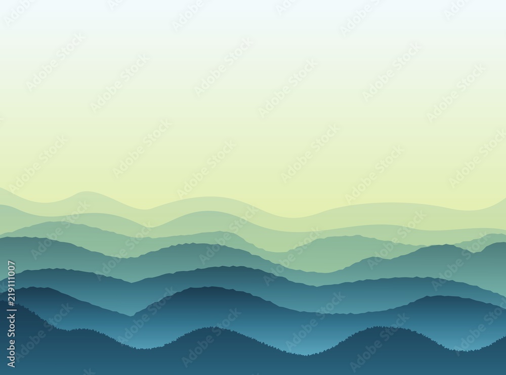 Vector landscape with blue silhouettes of hills and mountains