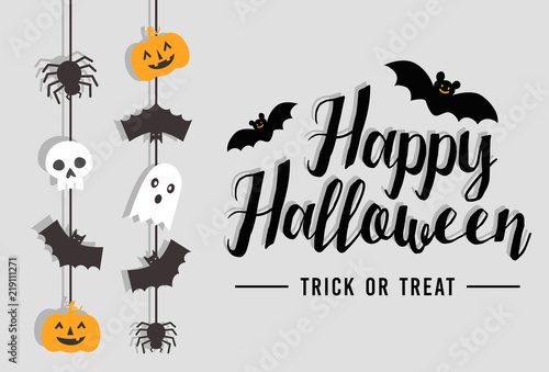 Happy Halloween Text Banner with bat, spider, pumpkin and ghost, Vector
