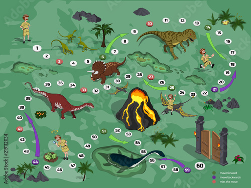 Dinosaurs board game for children in cartoon style. Landscape with a path image. Adventure map of dino park in isometric style. Board maze. Vector illustration