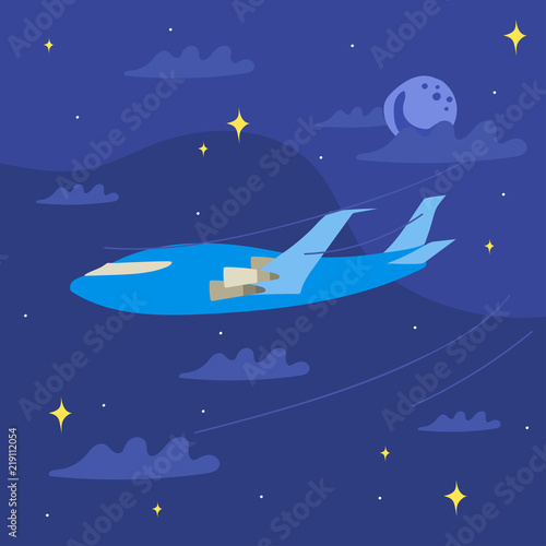 The plane flying in the night above the clouds, flat style illustration.