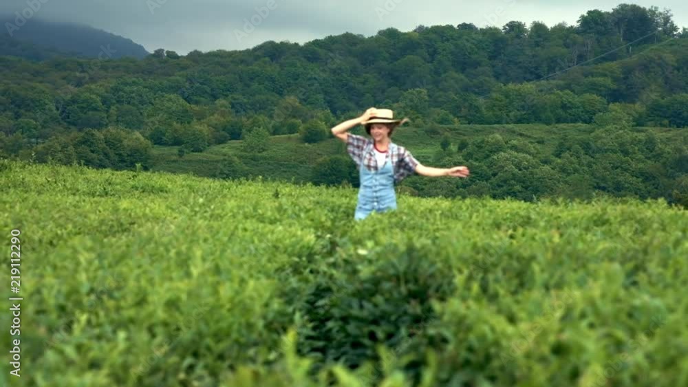 a young beautiful country girl in a jeans suit and a straw hat runs along a tea or coffee plantation. Experiencing happiness from traveling, oneness with nature a young beautiful country girl in a jeans suit and a straw hat runs along a tea or coffee plantation. Experiencing happiness from traveling, oneness with nature