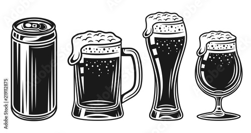 Beer glass, mug and can vector black objects set