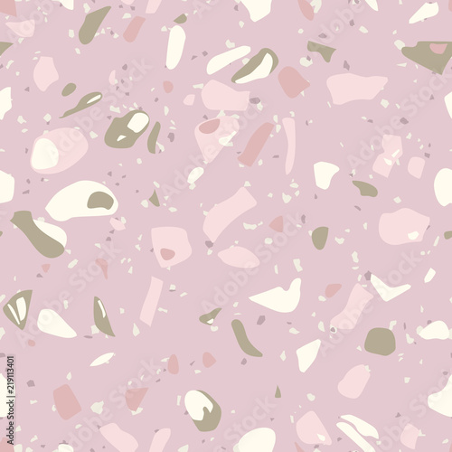 Terrazzo flooring seamless pattern. Vector mosaic texture of natural stone fragments, marble, granite, limestone, quartz, glass and concrete. Terazzo background in pink, white, gray and green colors