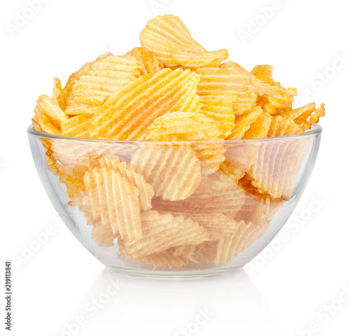 Fotografie Crinkle cut potato chips in bowl isolated on a white background