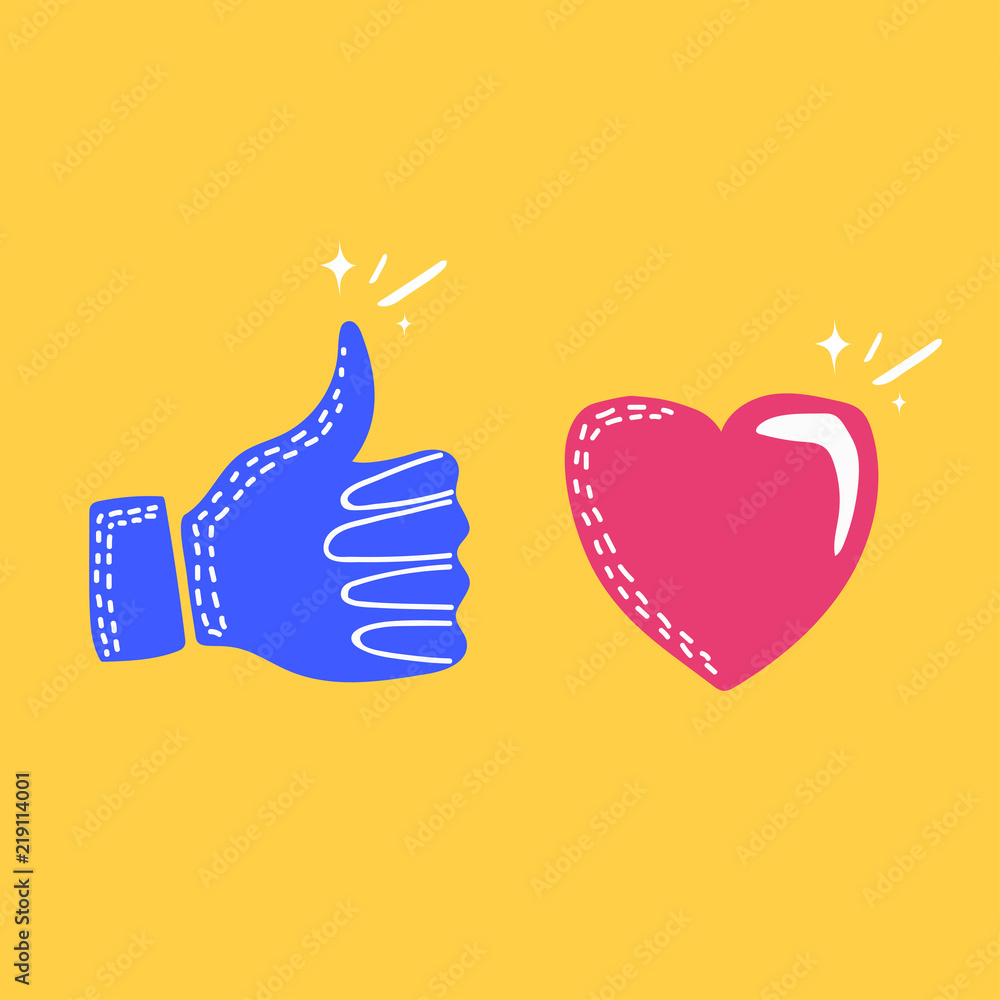 Thumbs up and heart icon on a yellow background, flat vector illustration.