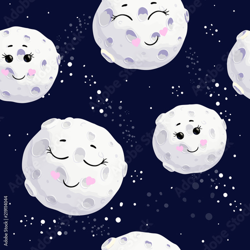 seamless pattern ute cartoon full moon different emotions character set, vector