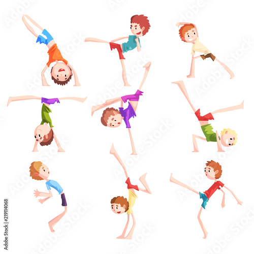 Boy practicing capoeira movements set, kid characters doing combat elements of martial art vector Illustrations on a white background