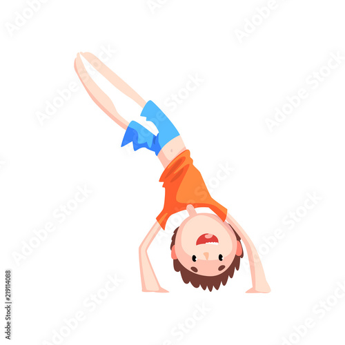 Boy standing on his hands practicing capoeira movement, kid character doing combat element of martial art, capoeira dancer pose vector Illustration