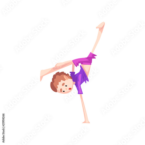 Boy standing on one hand practicing capoeira movement, kid character doing combat element of martial art, capoeira dancer pose vector Illustration on a white background
