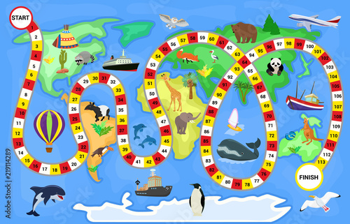 Board game vector cartoon kids boardgame on world map background with playing path or way starting in ocean and finishing in continent on children illustration