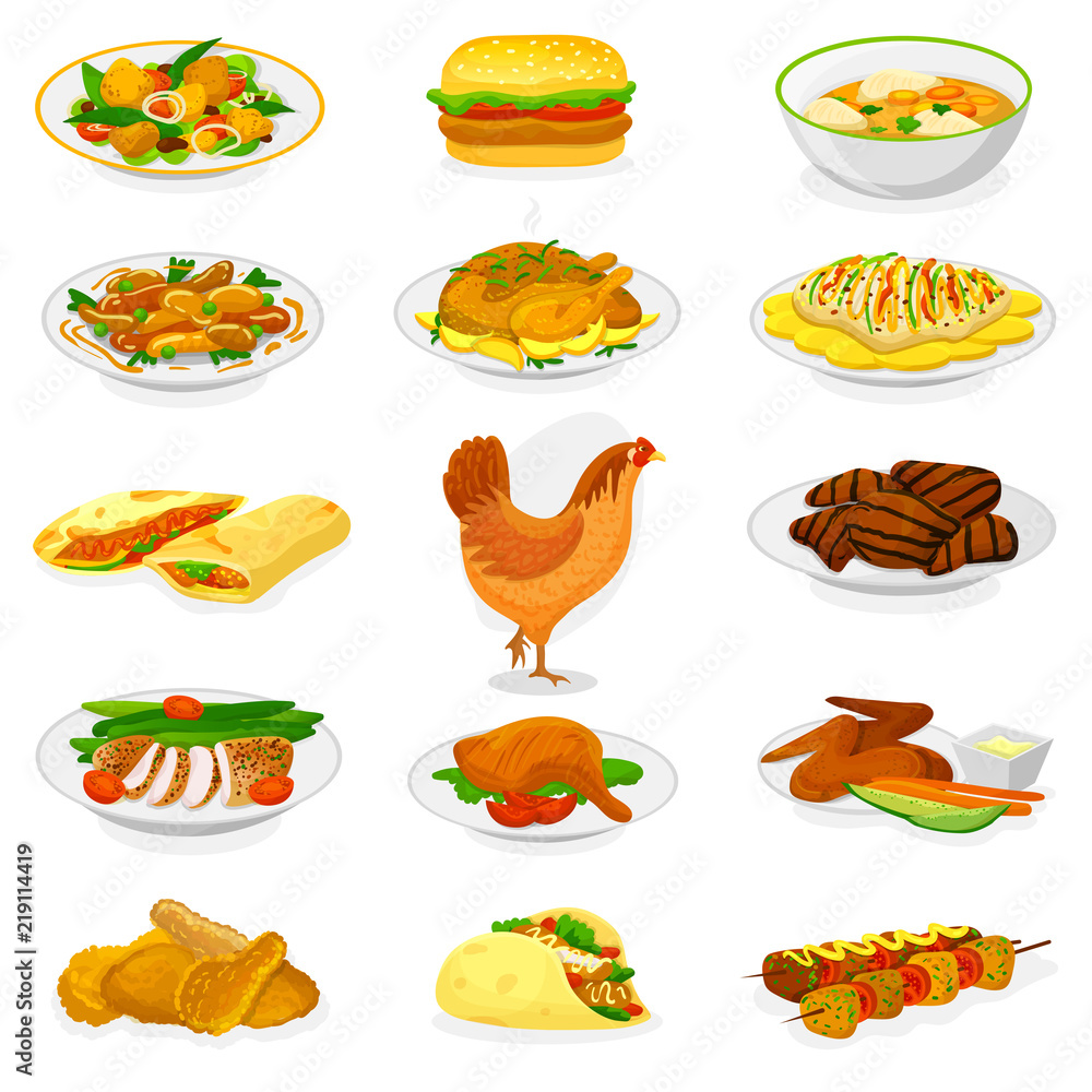 Chicken vector cartoon chick character hen and food chicken-wings with  fried potatoes and barbecue meat for dinner illustration set of fastfood  burger and french fries isolated on white background Stock Vector |