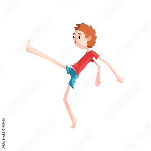 Boy standing on one leg practicing capoeira movement, kid character doing element of martial art, capoeira dancer pose vector Illustration on a white background
