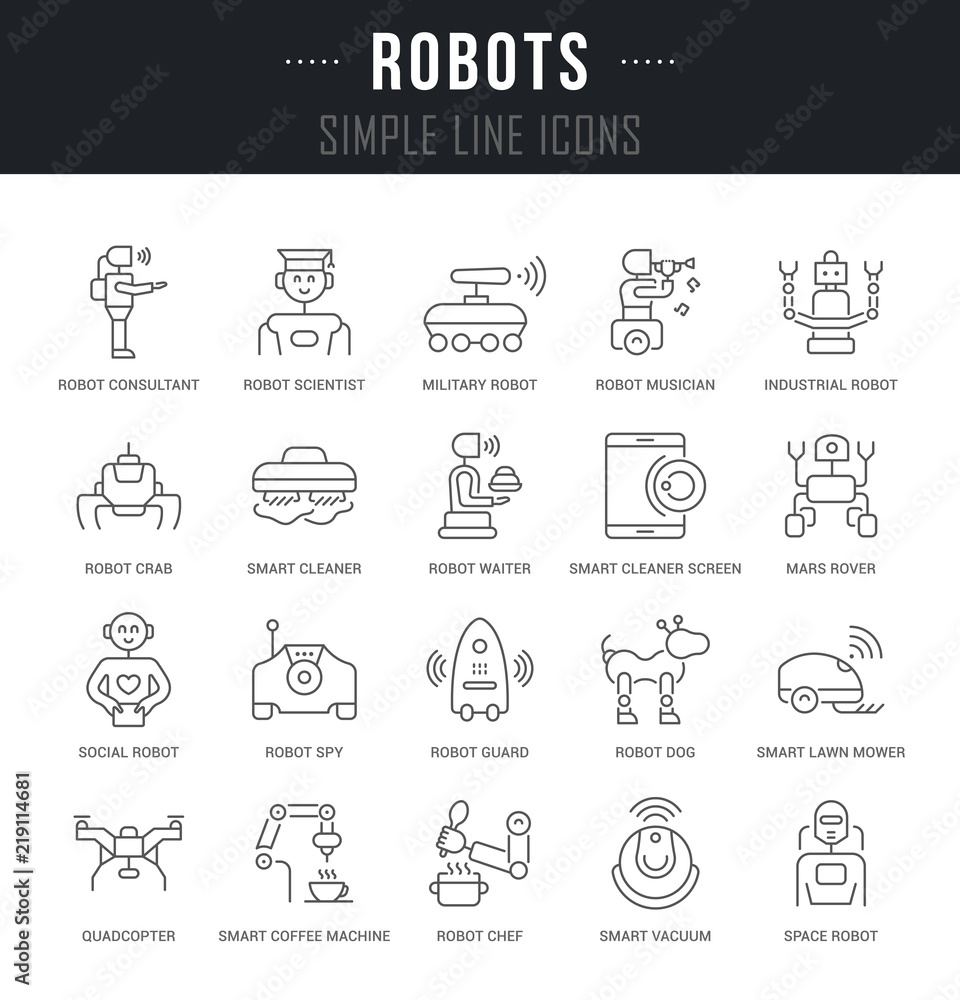 Set Vector Line Icons of Robots.