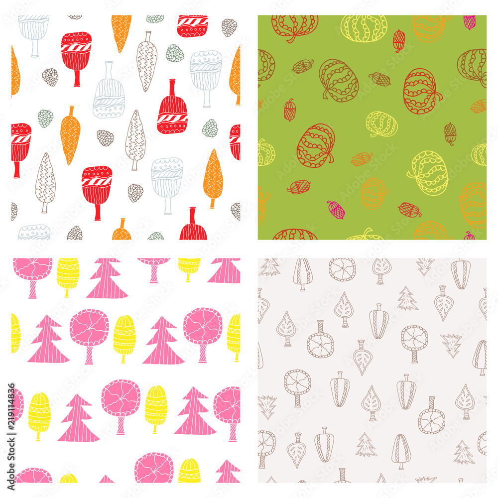 Naklejka premium Set of artistic creative autumn seamless patterns. Hand Drawn textures.