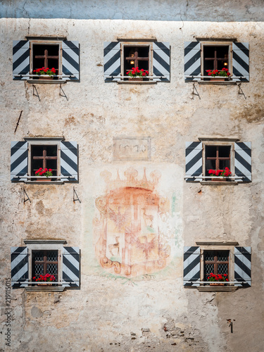 Pedjama, Slovenia, 9 AUGUST 2018: Detail of the facade of the Predjama Castle in Slovenia.