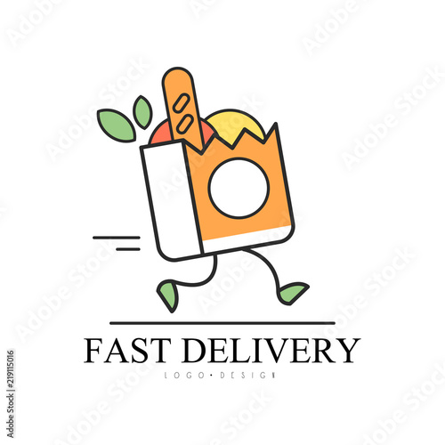 Fast delivery logo design, food service delivery, creative template with oaper bag of groceries for corporate identity, restaurant, cafe, shop, vector Illustratio