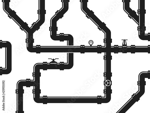 Water or gas pipeline, plumbing with valves and pipe fittings. Abstract industrial vector background