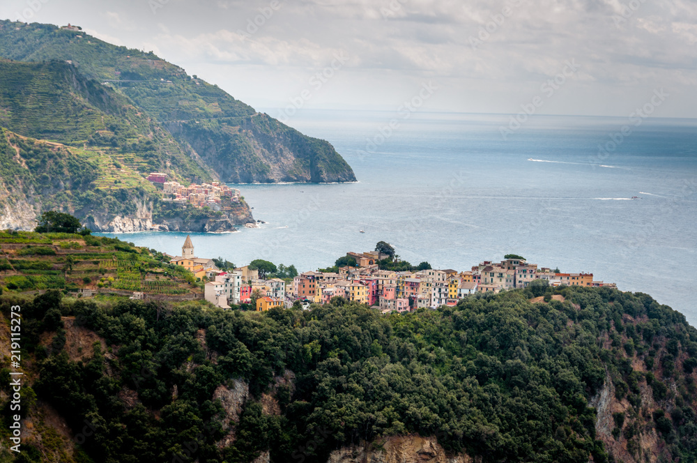 Aerial panoramic view of Corniglia fishing village in Five lands, Cinque Terre National Park, Liguria, Italy.