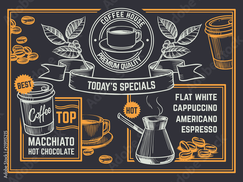 Coffee menu. Vintage hand drawn coffeeshop flyer. Cappuccino and hot chocolate vector poster