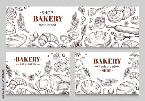 Vintage bakery banners with sketched bread vector set