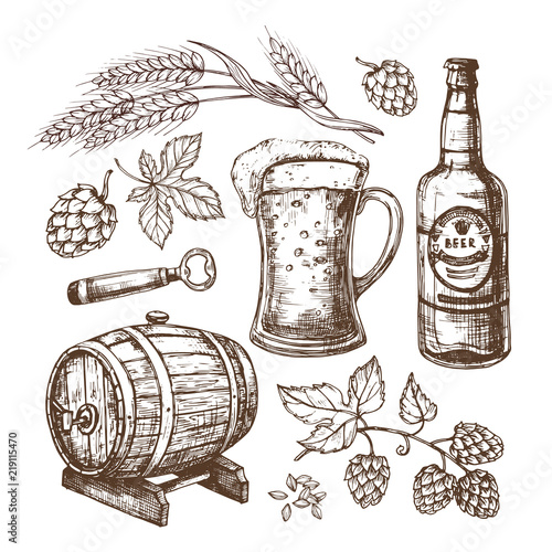 Hand drawn beer mug, barrel, wheat and malts ears, hops. Isolated vector set in engraving style