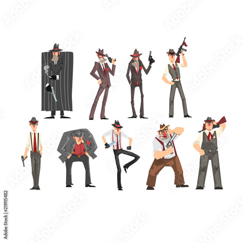 Gangster set, criminal characters in fedora hat with gun vector Illustrations on a white background