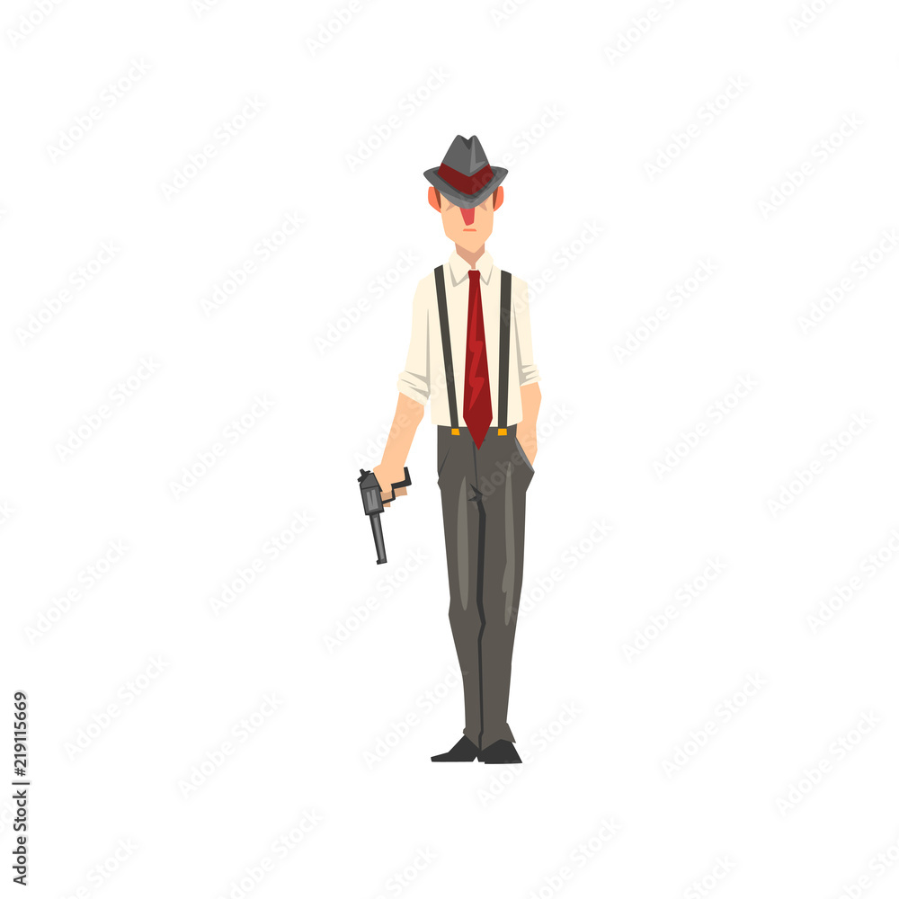 Gangster criminal character in fedora hat with revolver vector Illustration on a white background