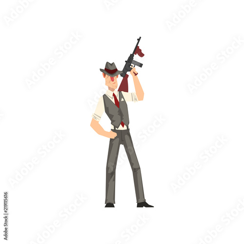 Gangster criminal character in fedora hat with weapon vector Illustration isolated on a white background