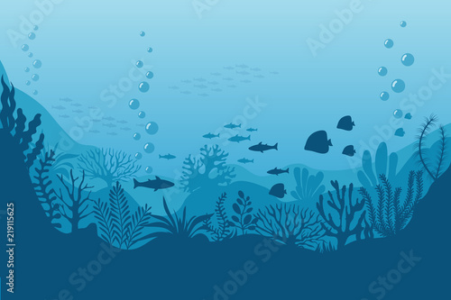 Sea underwater background. Ocean bottom with seaweeds. Vector marine scene © MicroOne