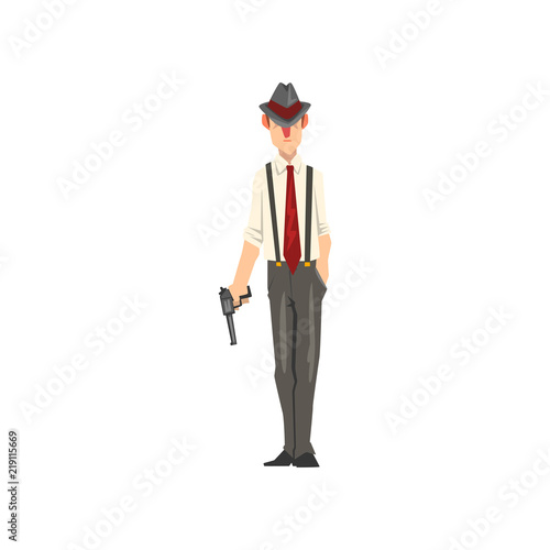 Gangster criminal character in fedora hat with revolver vector Illustration on a white background