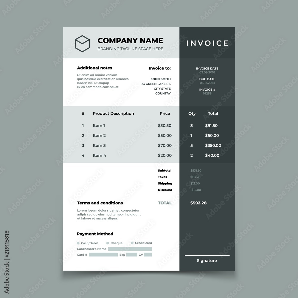 Invoice template. Bill with price table. Paper order bookkeeping service document. Quotation vector design - obrazy, fototapety, plakaty 