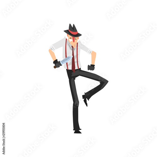 Gangster criminal character in fedora hat with knife vector Illustration on a white background