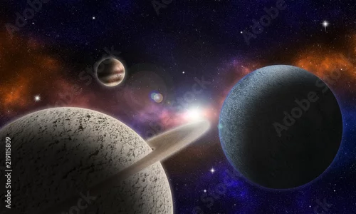 Obraz Wyimaginowane krajobrazy przestrzenne z niektórymi planetami w Układzie Słonecznym / Fantastyczne kosmiczne krajobrazy z planetami, ich pierścieniami i satelitami oraz rozbłysk oświetlający scenę