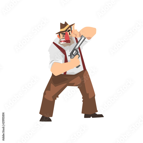 Gangster criminal cartoon character in fedora hat with gun vector Illustration on a white background