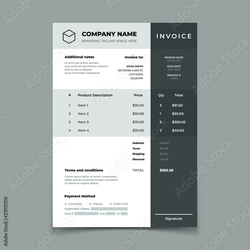 Invoice template. Bill with price table. Paper order bookkeeping service document. Quotation vector design