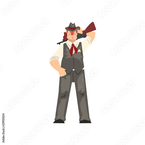 Gangster criminal character in fedora hat with assault rifle vector Illustration on a white background