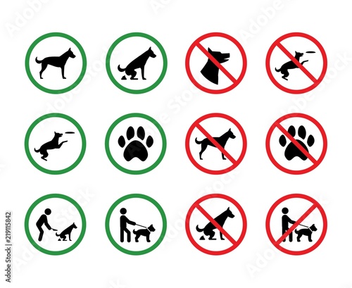 Dog forbidden signs. Dogs permission and restriction silhouette park vector signage
