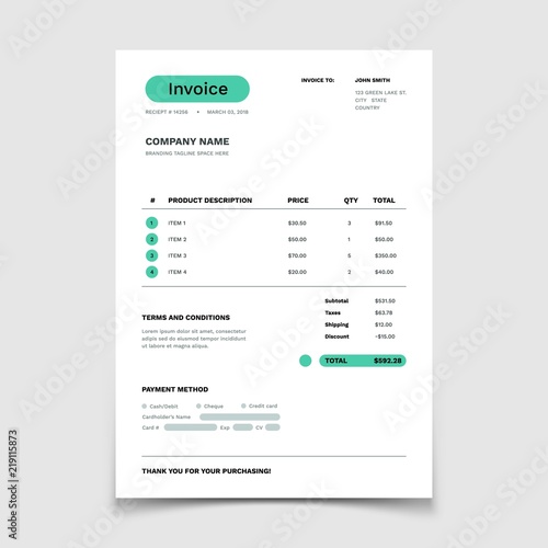 Invoice form template. Business Bill with data table. Paper order bookkeeping service document. Quotation vector design