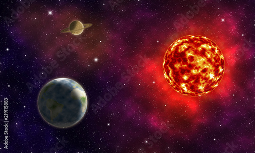 Imaginary space landscape with two planets, Earth and Saturn, near a glowing star / Imaginary space landscape with stars and two planets, Earth and Saturn, near a big glowing star with eruptions