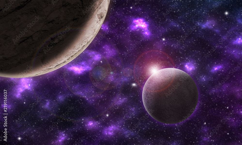 Obraz premium .Imaginary space landscape with two planets in a purple nebula / Illustration that portrays a fantastic cosmic scenario with two planets immersed in a purple atmosphere with flare generated by a star