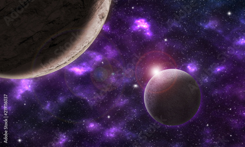 .Imaginary space landscape with two planets in a purple nebula / Illustration that portrays a fantastic cosmic scenario with two planets immersed in a purple atmosphere with flare generated by a star