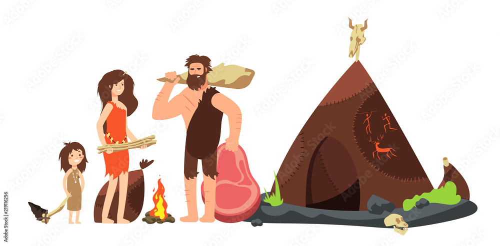 Cartoon caveman family. Prehistoric neanderthal hunters and kids. Ancient homo  sapiens vector illustration Stock Vector | Adobe Stock