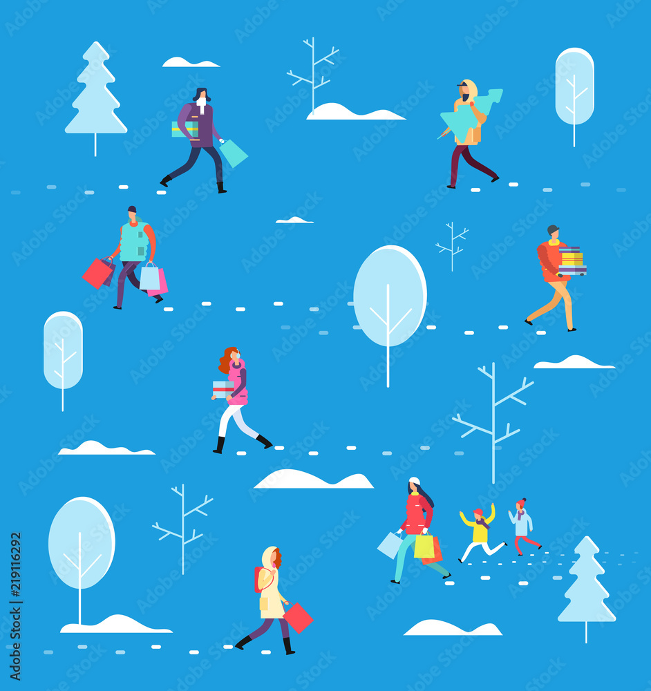 People on winter holiday. Person carrying shopping bag, gifts and christmas tree. Christmas eve vector concept