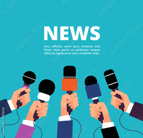 News concept with microphones. Broadcasting, interview and communication vector banner with handa holding microphones photo